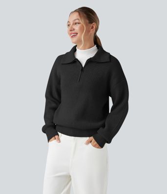 Lapel Half Zipper Long Sleeve Casual Jumper