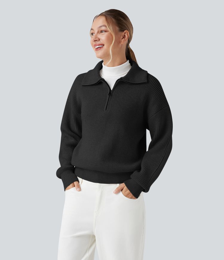 Lapel Half Zipper Long Sleeve Casual Jumper