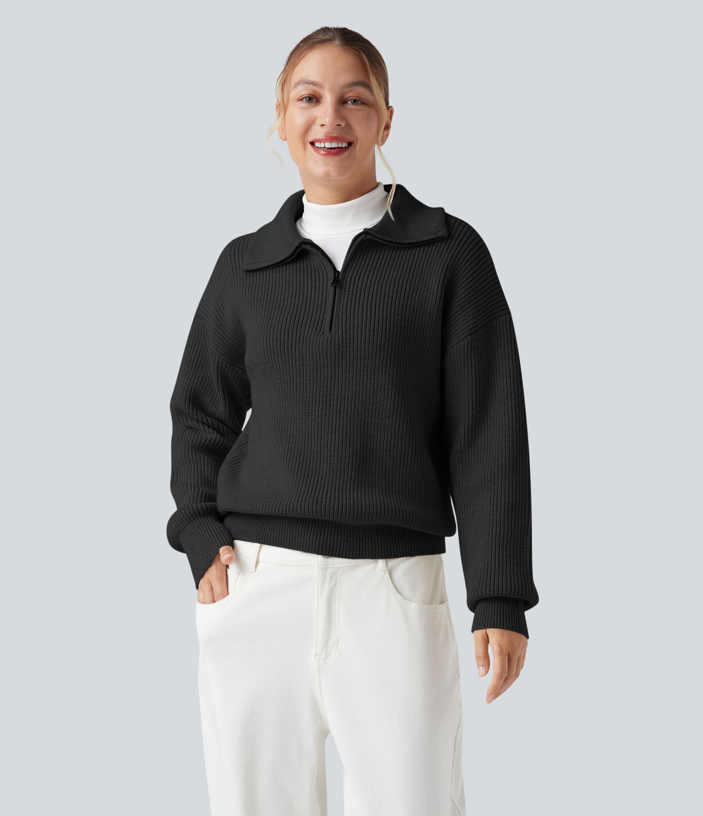 Lapel Half Zipper Long Sleeve Casual Jumper