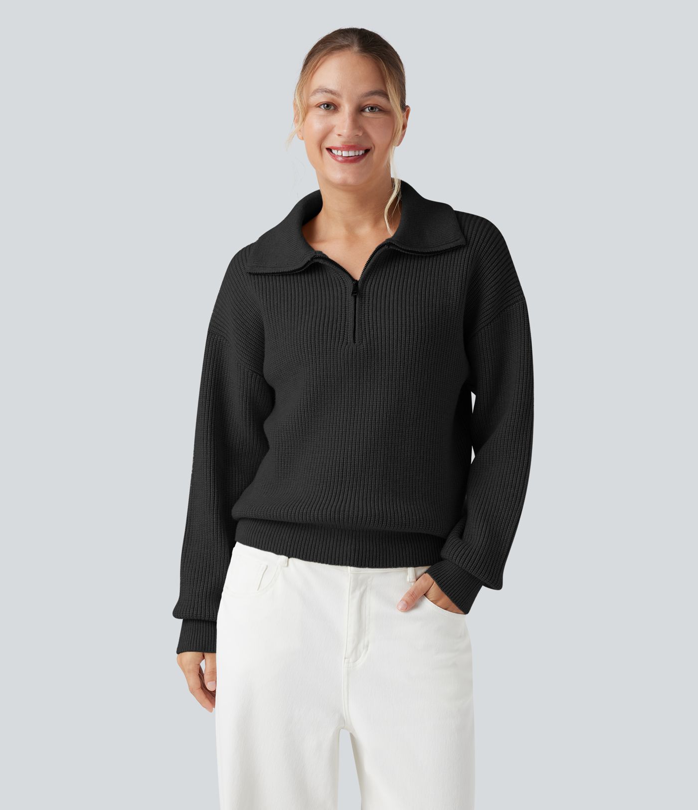 Lapel Half Zipper Long Sleeve Casual Jumper