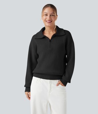 Lapel Half Zipper Long Sleeve Casual Jumper