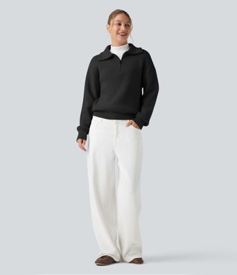 Lapel Half Zipper Long Sleeve Casual Jumper