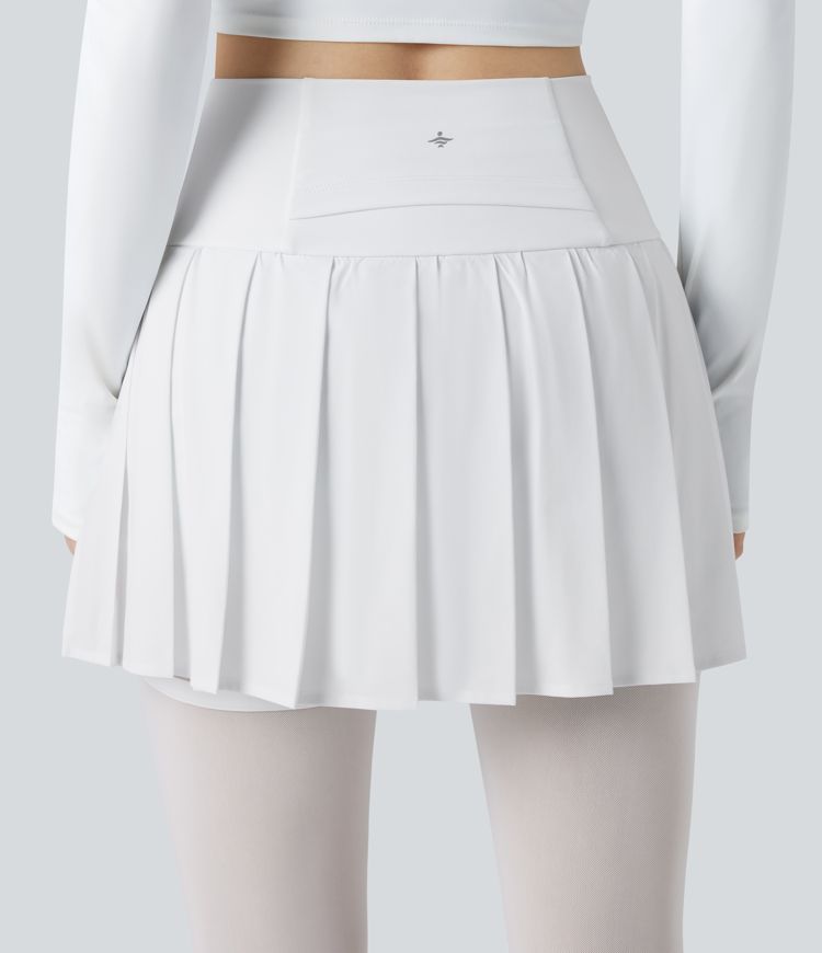 Breezeful™ High Waisted Pleated 2-in-1 Contrast Mesh Quick Dry Dance Stirrup Skirted Leggings with Pockets