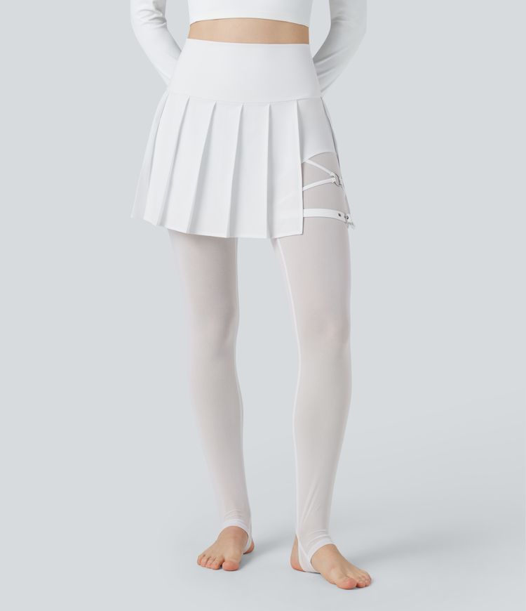Breezeful™ High Waisted Pleated 2-in-1 Contrast Mesh Quick Dry Dance Stirrup Skirted Leggings with Pockets