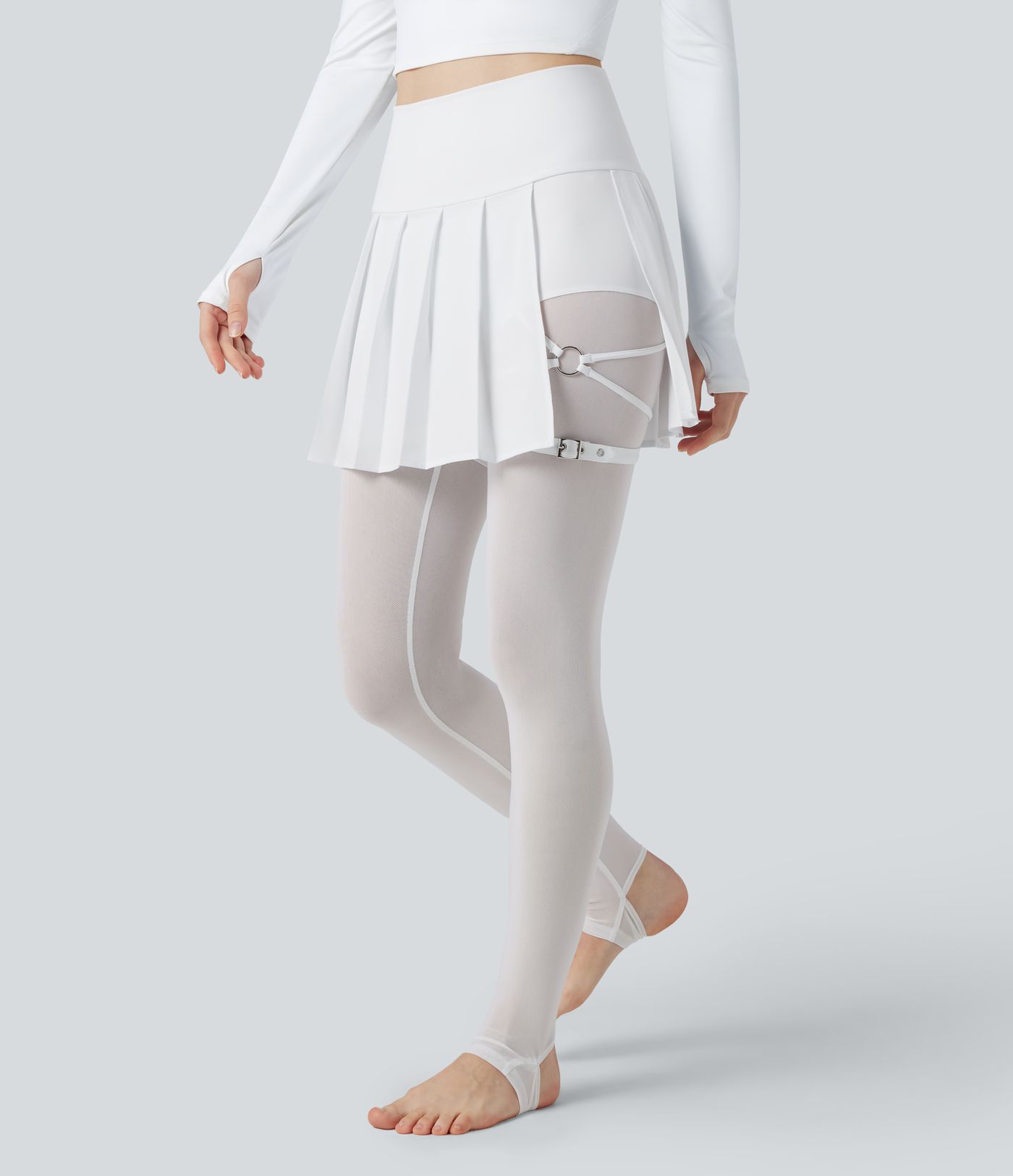 Breezeful™ High Waisted Pleated 2-in-1 Contrast Mesh Quick Dry Dance Stirrup Skirted Leggings with Pockets