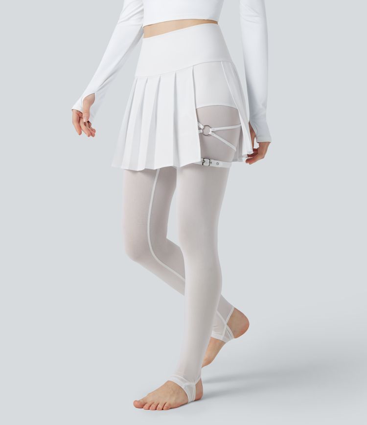Breezeful™ High Waisted Pleated 2-in-1 Contrast Mesh Quick Dry Dance Stirrup Skirted Leggings with Pockets