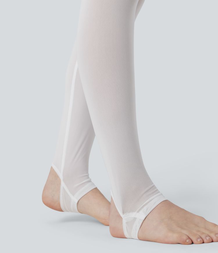 Breezeful™ High Waisted Pleated 2-in-1 Contrast Mesh Quick Dry Dance Stirrup Skirted Leggings with Pockets