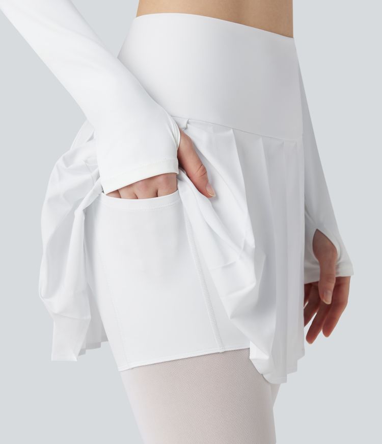 Breezeful™ High Waisted Pleated 2-in-1 Contrast Mesh Quick Dry Dance Stirrup Skirted Leggings with Pockets