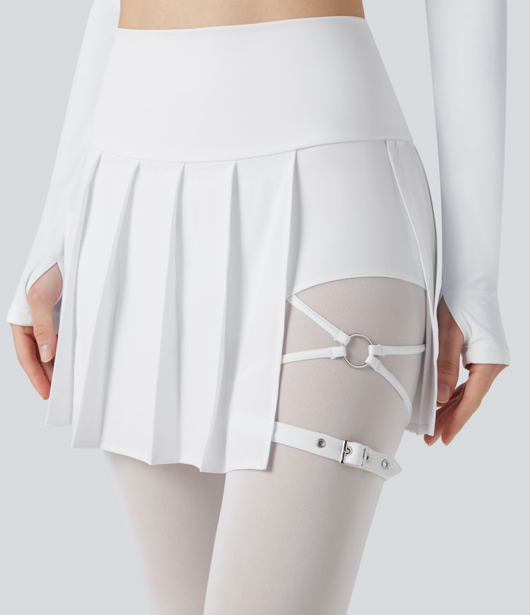 Breezeful™ High Waisted Pleated 2-in-1 Contrast Mesh Quick Dry Dance Stirrup Skirted Leggings with Pockets