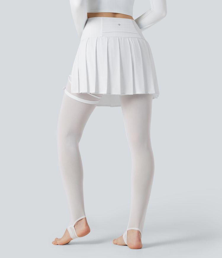 Breezeful™ High Waisted Pleated 2-in-1 Contrast Mesh Quick Dry Dance Stirrup Skirted Leggings with Pockets