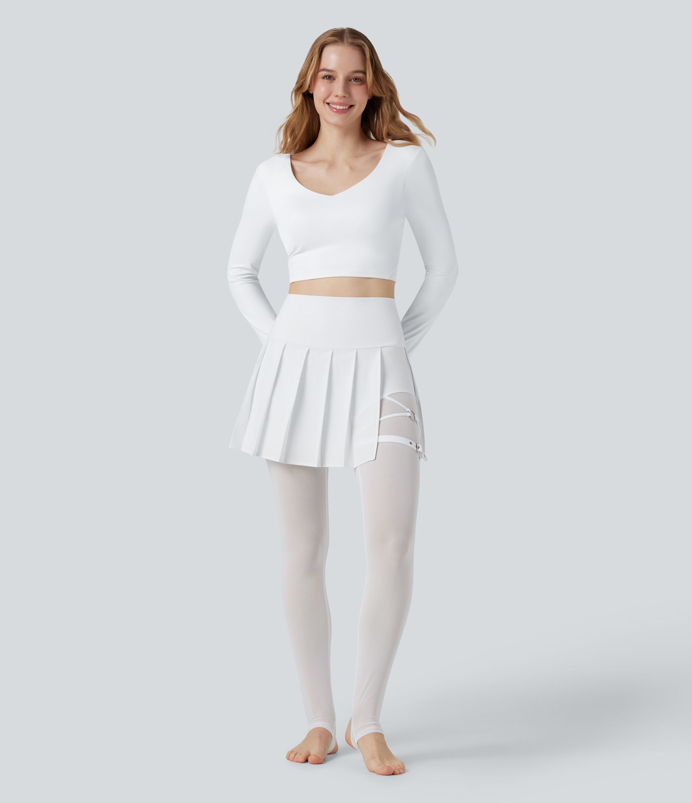 Breezeful™ High Waisted Pleated 2-in-1 Contrast Mesh Quick Dry Dance Stirrup Skirted Leggings with Pockets