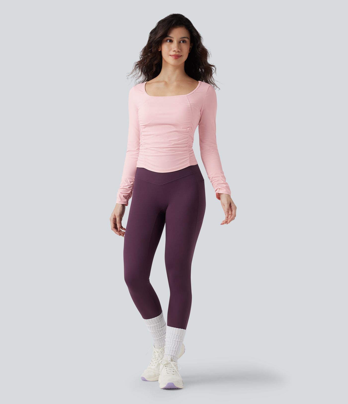 SoftlyZero™ Airy Square Neck Long Sleeve Ruched Cool Touch Workout Sports Top