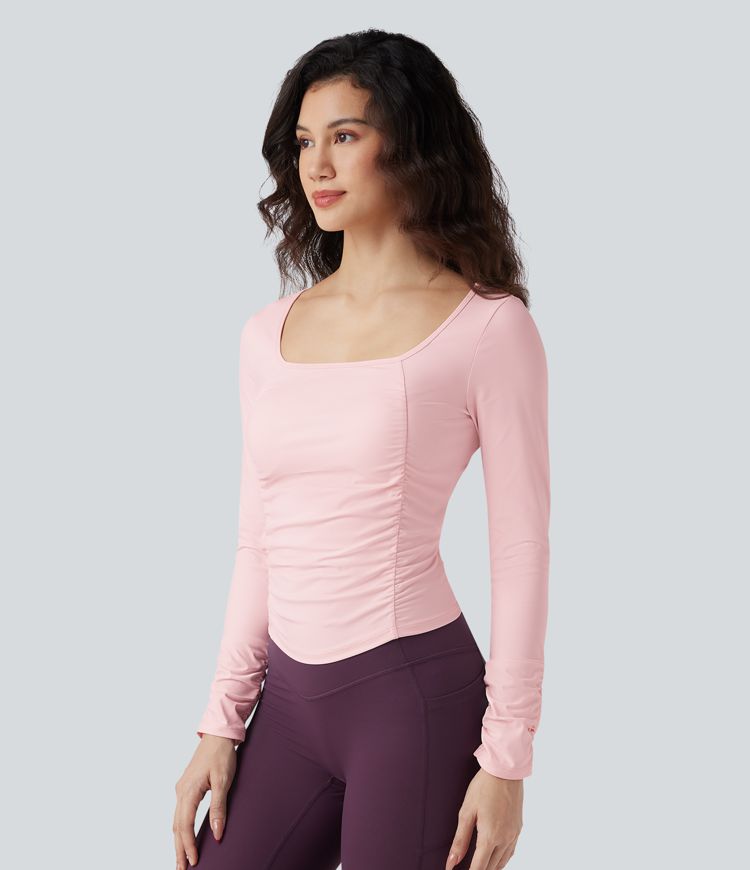 SoftlyZero™ Airy Square Neck Long Sleeve Ruched Cool Touch Workout Sports Top