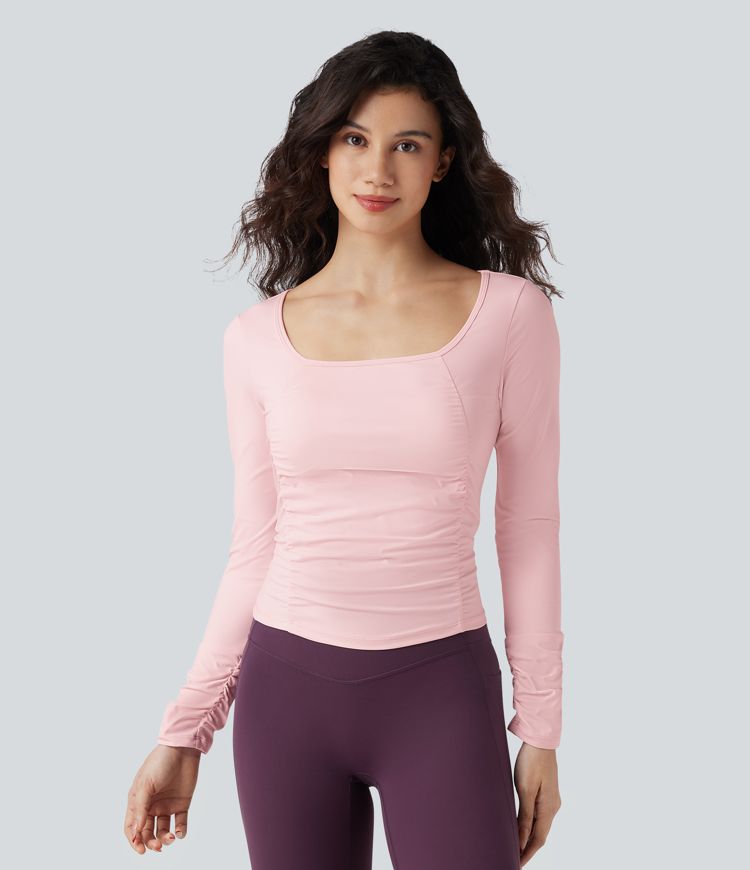 SoftlyZero™ Airy Square Neck Long Sleeve Ruched Cool Touch Workout Sports Top