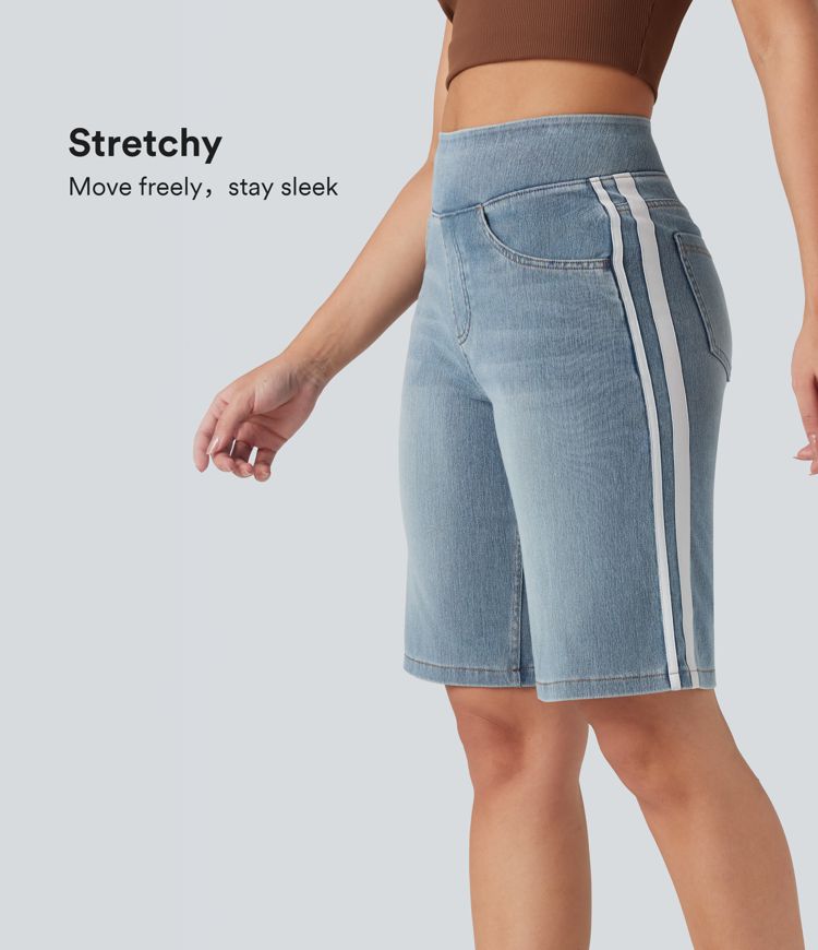 Halara Flex™ High Waisted Stripe Washed Denim Casual Baggy Shorts with Pockets
