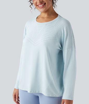 Seamless Flow Perforated Round Neck Long Sleeve Yoga Sports Top
