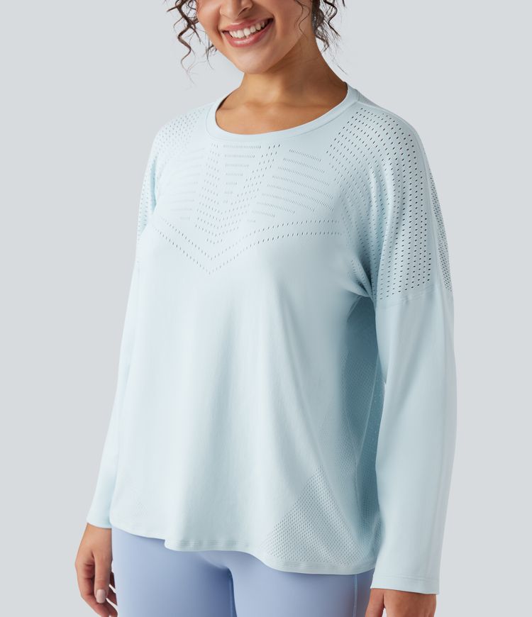 Seamless Flow Perforated Round Neck Long Sleeve Yoga Sports Top