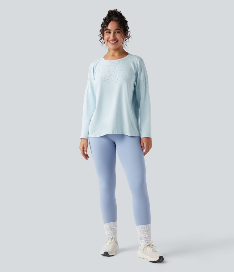 Seamless Flow Perforated Round Neck Long Sleeve Yoga Sports Top