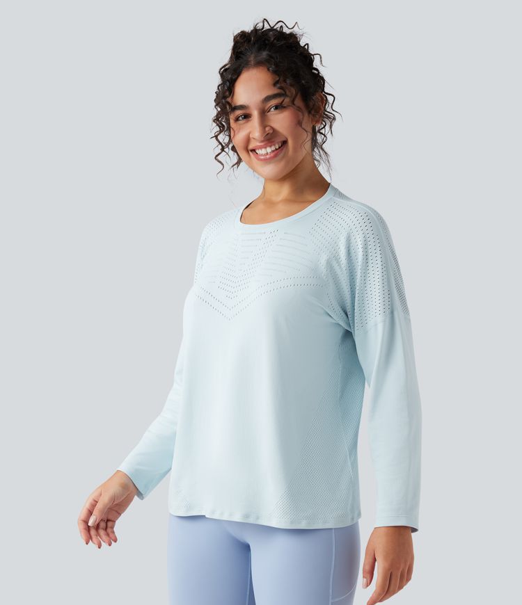 Seamless Flow Perforated Round Neck Long Sleeve Yoga Sports Top