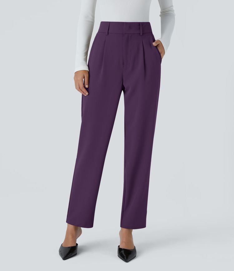 High Waisted Pocket Solid Work Tapered Pants