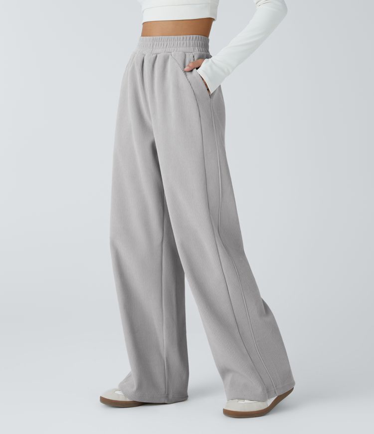 High Waisted Pocket Straight Leg Mop Corduroy Casual Pants