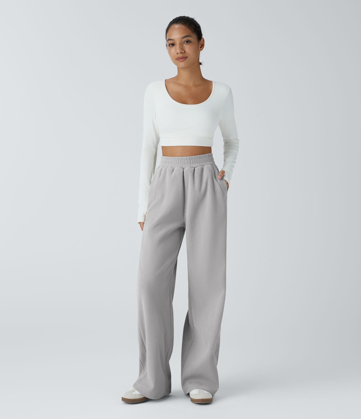High Waisted Pocket Straight Leg Mop Corduroy Casual Pants