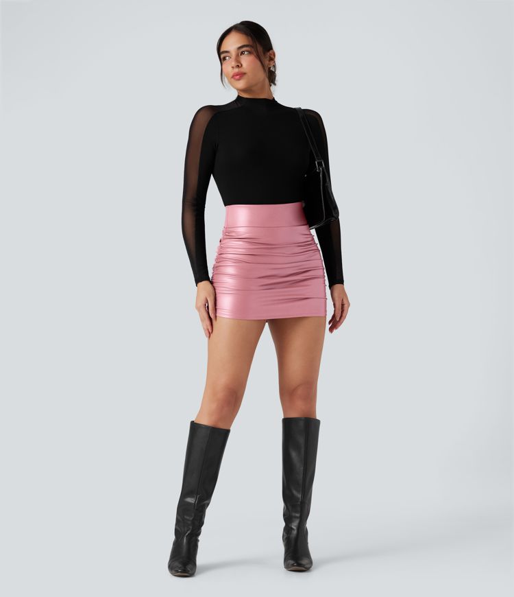 High Waisted Tummy Control Ruched Curved Hem 2-in-1 Fleece PU Faux Leather Mini Bodycon Skirt