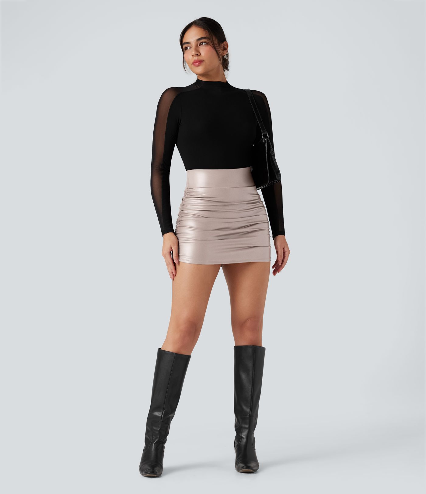 High Waisted Tummy Control Ruched Curved Hem 2-in-1 Fleece PU Faux Leather Mini Bodycon Skirt