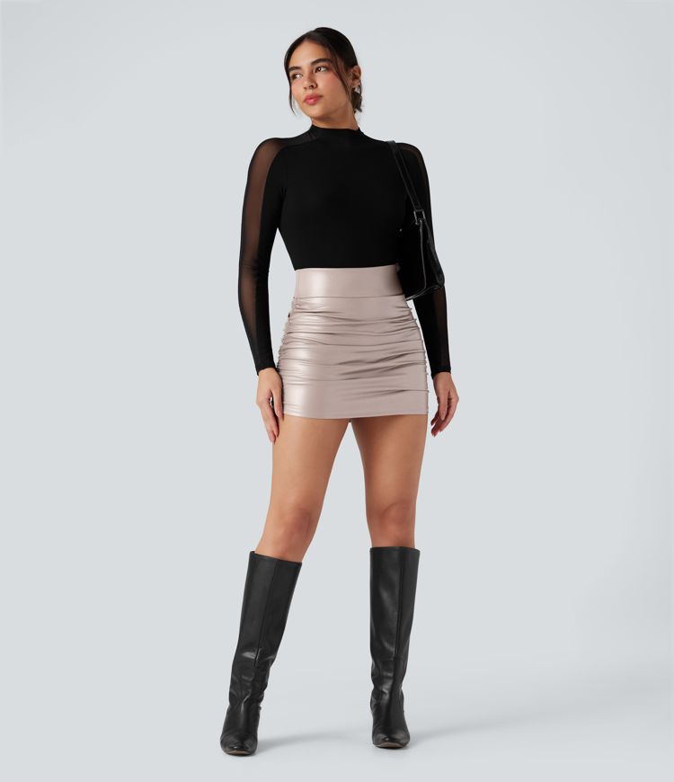 High Waisted Tummy Control Ruched Curved Hem 2-in-1 Fleece PU Faux Leather Mini Bodycon Skirt