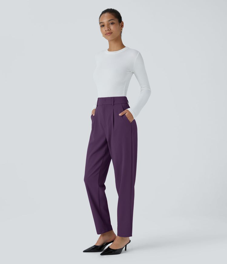 High Waisted Pocket Solid Work Tapered Pants