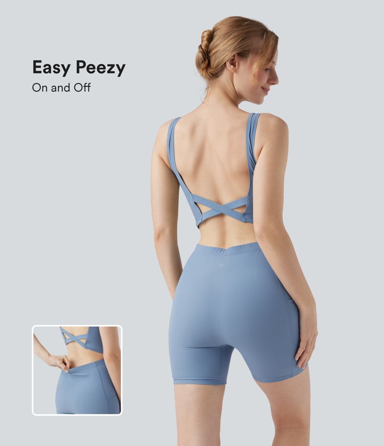 Backless U-Neck Sleeveless One Piece Swimsuit with Pockets-Easy Peezy