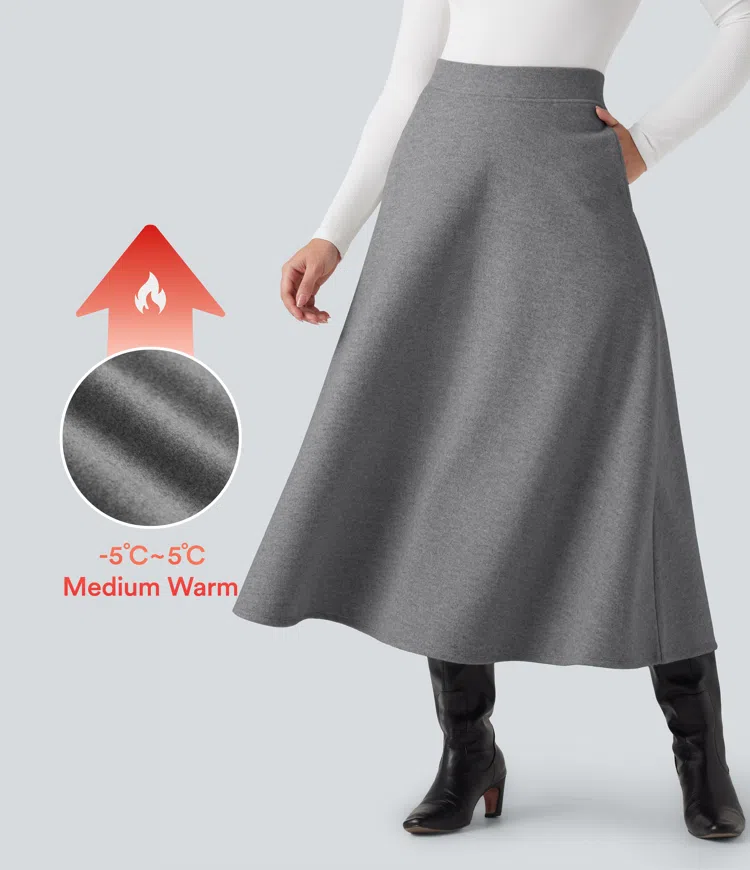 Charcoal Grey Jupe midi taille haute en polaire, coupe trapèze décontractée, avec poches / 1