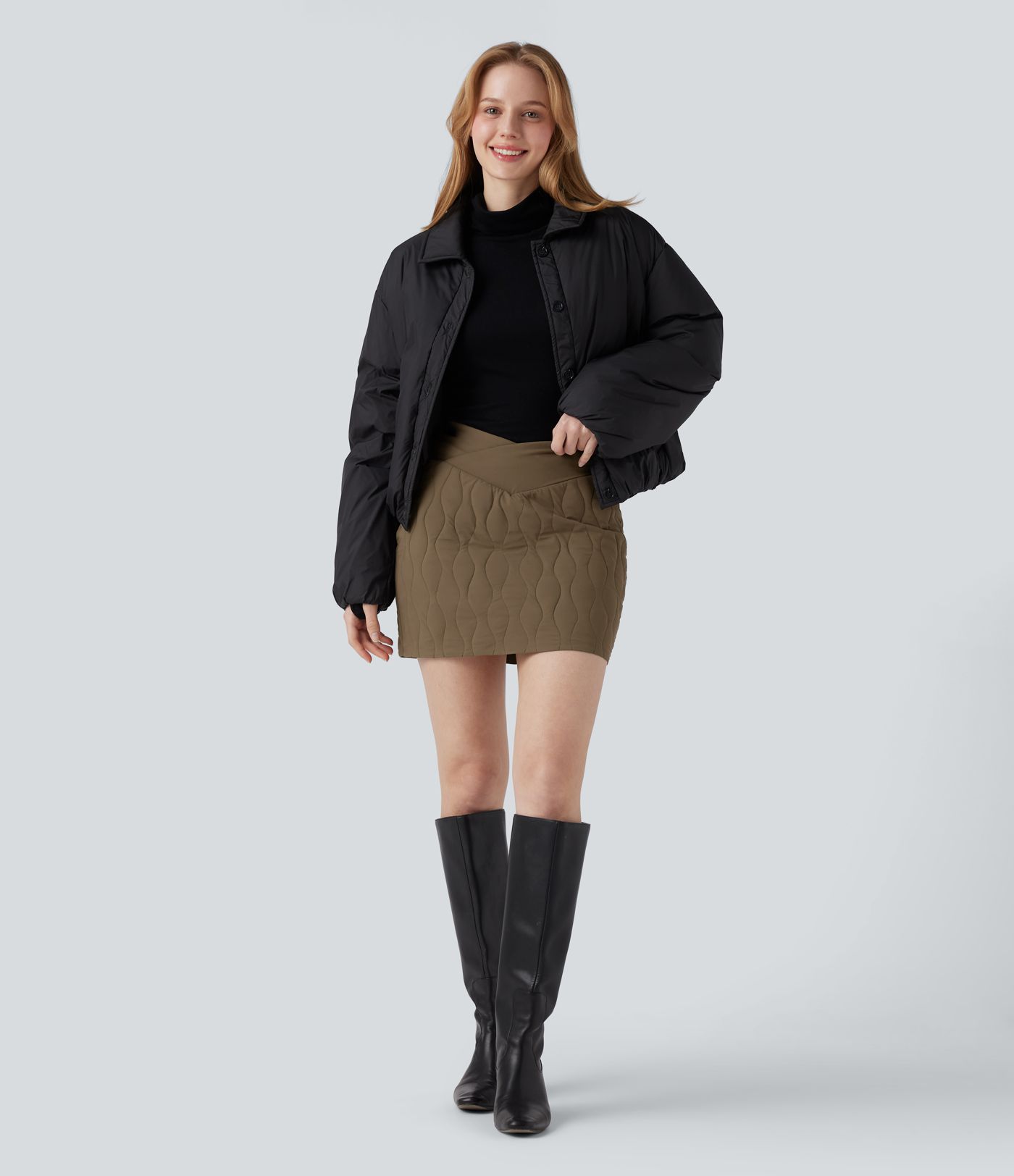 Crossover High Waisted 2-in-1 Bodycon Mini Stretchy Casual Quilted Skirt