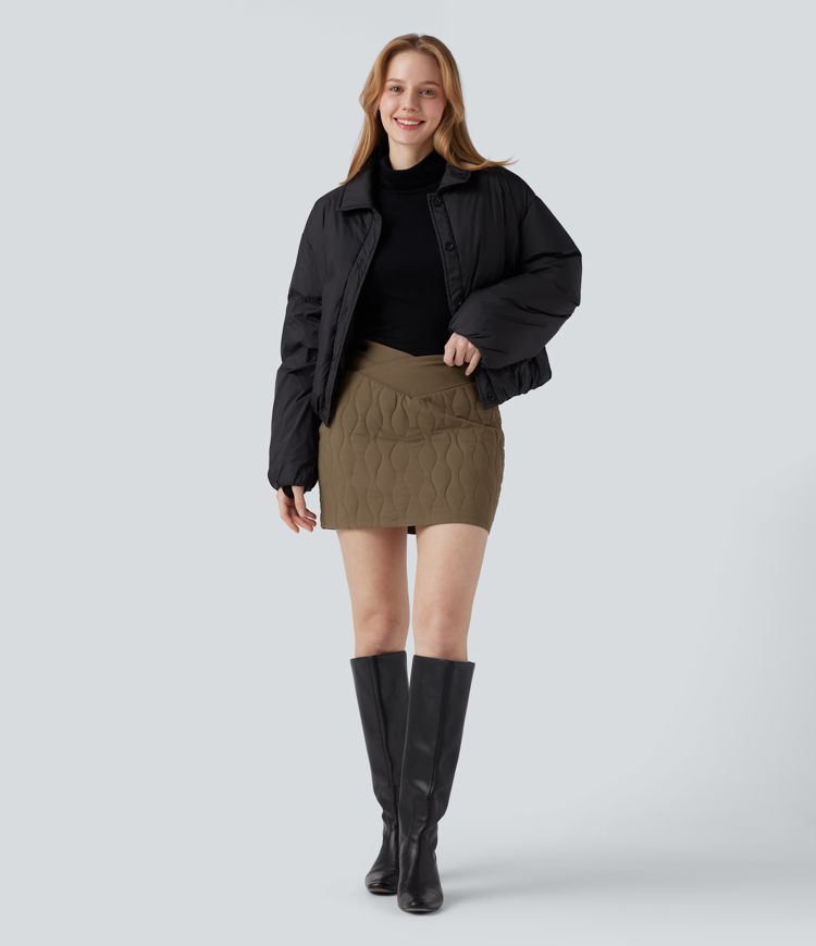 Crossover High Waisted 2-in-1 Bodycon Mini Stretchy Casual Quilted Skirt