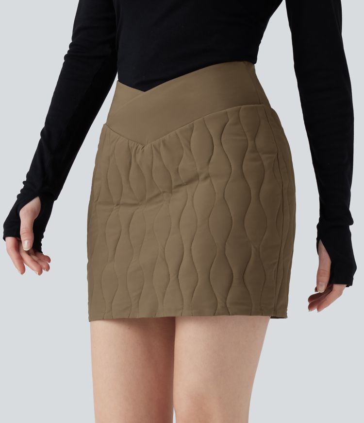 Crossover High Waisted 2-in-1 Bodycon Mini Stretchy Casual Quilted Skirt