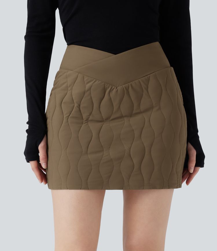 Chestnut Brown PuffFlex Crossover High Waisted 2-in-1 Bodycon Mini Stretchy Casual Quilted Skirt / 1