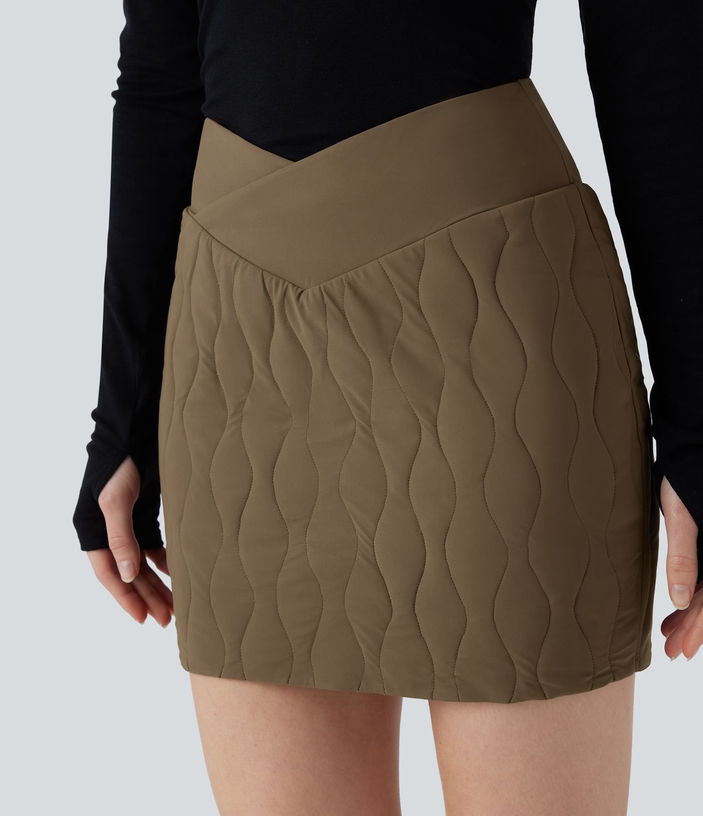 Crossover High Waisted 2-in-1 Bodycon Mini Stretchy Casual Quilted Skirt