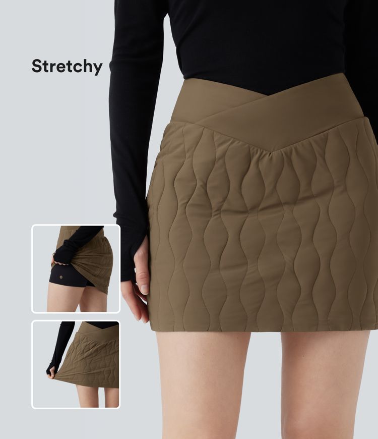 Crossover High Waisted 2-in-1 Bodycon Mini Stretchy Casual Quilted Skirt