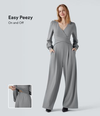 V-neck Puff Long Sleeve Crossover Work Jumpsuit with Pockets-Easy Peezy