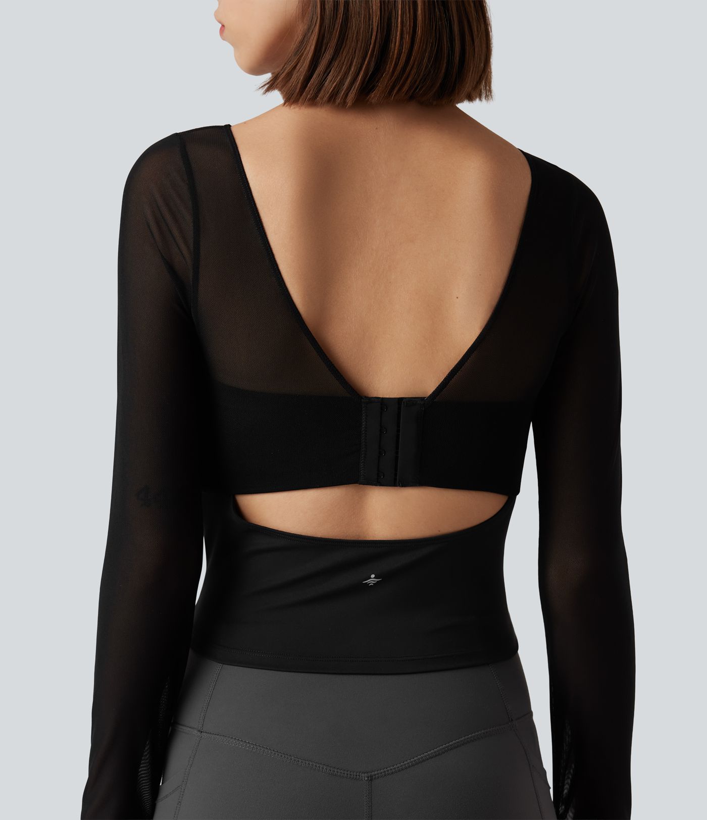 Halter Long Sleeve Thumb Hole Contrast Mesh 2-in-1 Yoga Sports Top-Longer Length