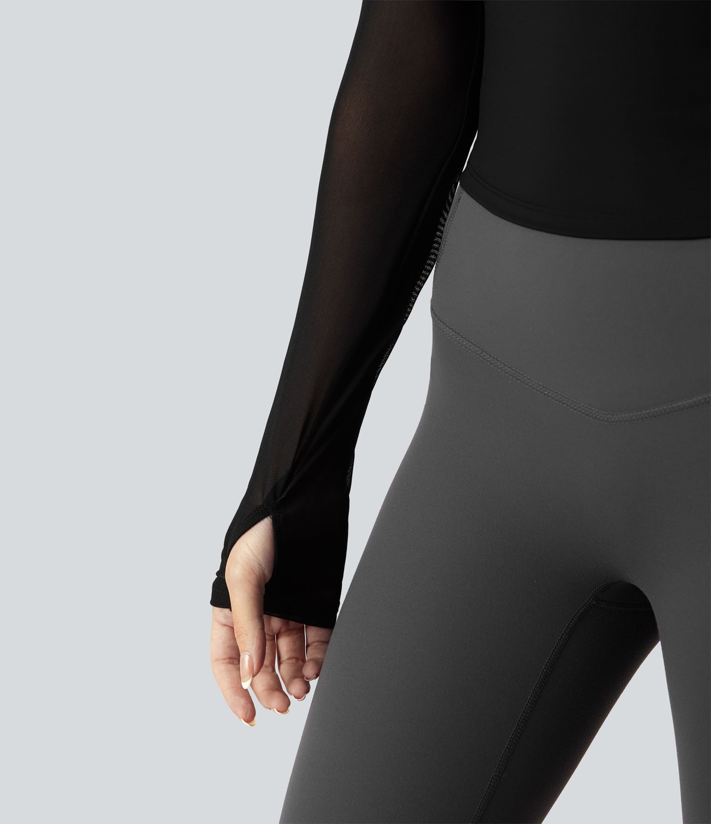 Halter Long Sleeve Thumb Hole Contrast Mesh 2-in-1 Yoga Sports Top-Longer Length