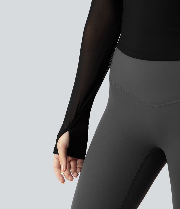 Halter Long Sleeve Thumb Hole Contrast Mesh 2-in-1 Yoga Sports Top-Longer Length