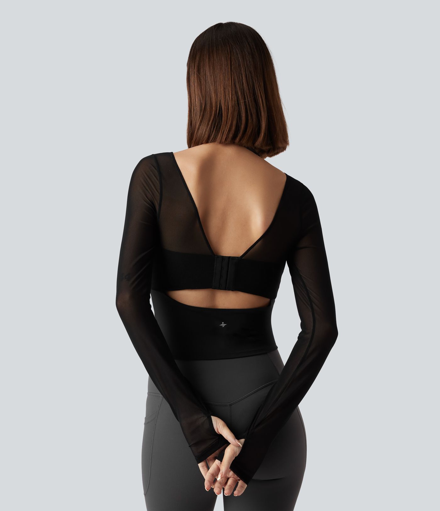 Halter Long Sleeve Thumb Hole Contrast Mesh 2-in-1 Yoga Sports Top-Longer Length