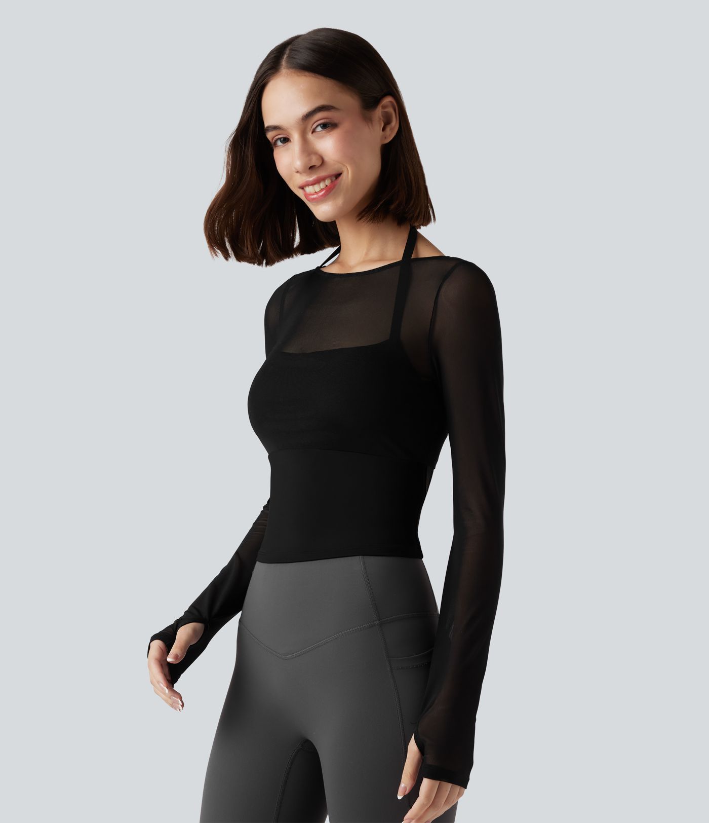 Halter Long Sleeve Thumb Hole Contrast Mesh 2-in-1 Yoga Sports Top-Longer Length