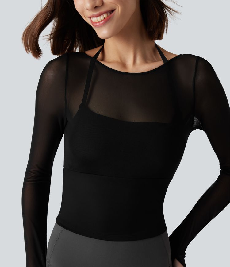 Halter Long Sleeve Thumb Hole Contrast Mesh 2-in-1 Yoga Sports Top-Longer Length