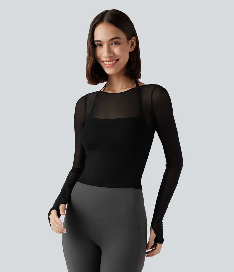 Halter Long Sleeve Thumb Hole Contrast Mesh 2-in-1 Yoga Sports Top-Longer Length