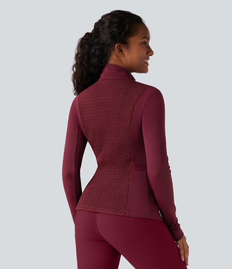 Stand Collar Long Sleeve Thumb Holes Shirred Workout Padded Jacket with Pockets