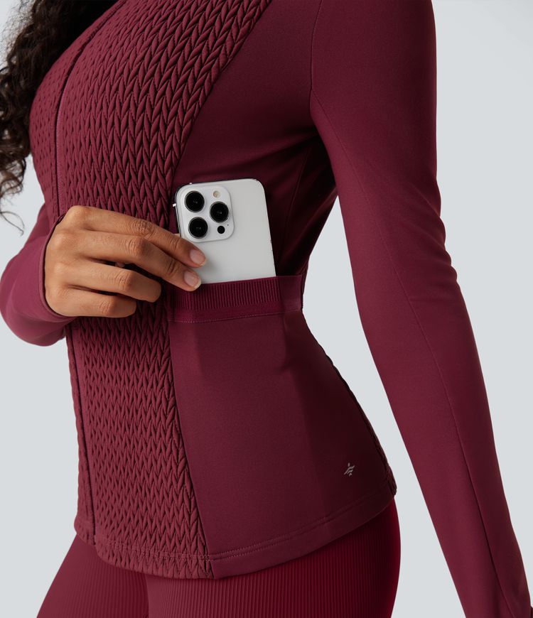 Stand Collar Long Sleeve Thumb Holes Shirred Workout Padded Jacket with Pockets