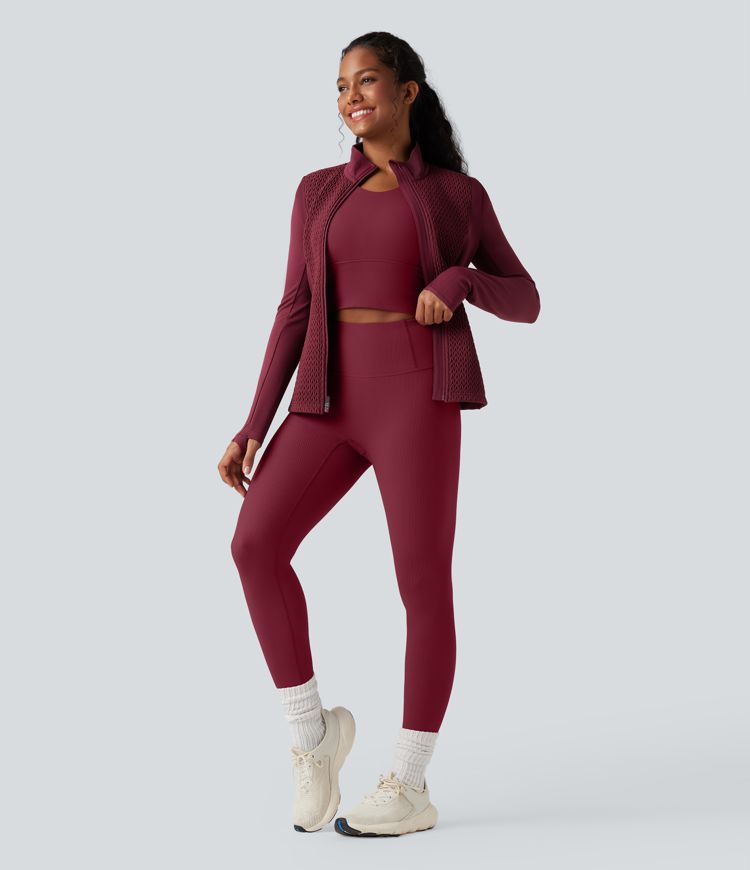 Stand Collar Long Sleeve Thumb Holes Shirred Workout Padded Jacket with Pockets