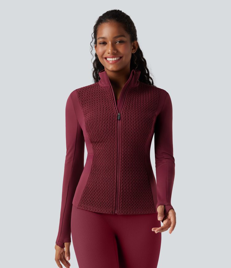 Stand Collar Long Sleeve Thumb Holes Shirred Workout Padded Jacket with Pockets